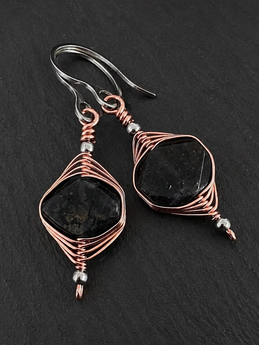 Copper wire wrapped natural iolite gemstone earrings stainless steel